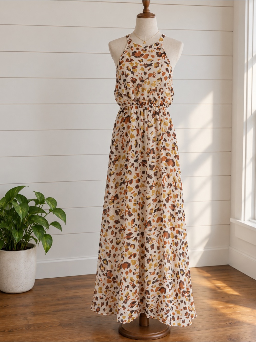 Rokoko Animal Print Halter Maxi Dress Size Small Brown Mustard Cream